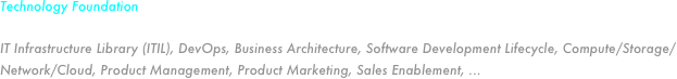 Technology Foundation

IT Infrastructure Library (ITIL), DevOps, Business Architecture, Software Development Lifecycle, Compute/Storage/Network/Cloud, Product Management, Product Marketing, Sales Enablement, ...